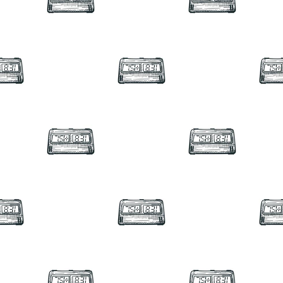 Chess clock electric engraved seamless pattern. Retro watch for chess game in hand drawn style. Sketch texture for fabric, wallpaper, textile, print, title, wrapping paper. Vector illustration.