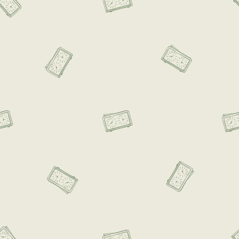 Chess clock engraved seamless pattern. Retro watch for chess game in hand drawn style. Sketch texture for fabric, wallpaper, textile, print, title, wrapping paper. Vector illustration.