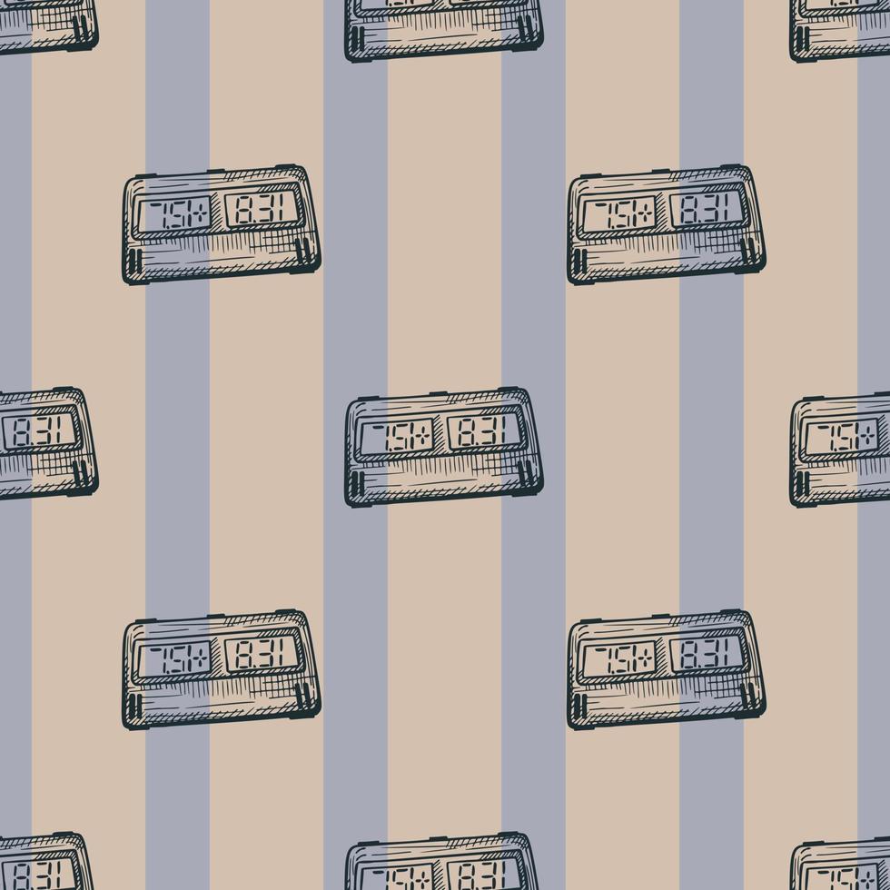 Chess clock electric engraved seamless pattern. Retro watch for chess game in hand drawn style. Sketch texture for fabric, wallpaper, textile, print, title, wrapping paper. Vector illustration.