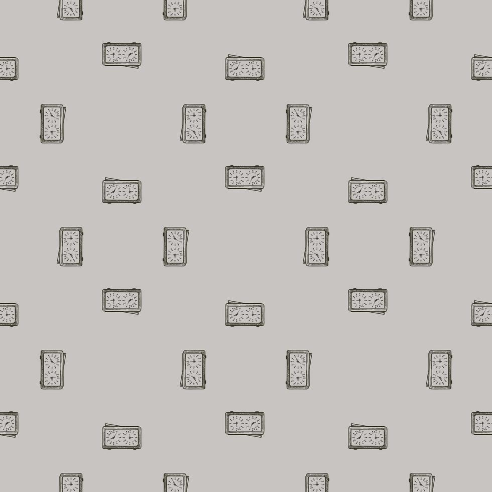 Chess clock engraved seamless pattern. Retro watch for chess game in hand drawn style. Sketch texture for fabric, wallpaper, textile, print, title, wrapping paper. Vector illustration.