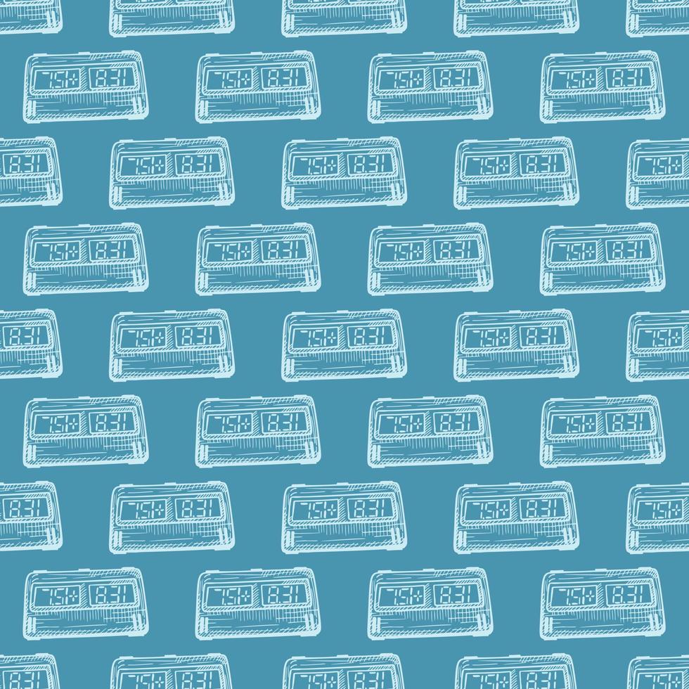Chess clock electric engraved seamless pattern. Retro watch for chess game in hand drawn style. Sketch texture for fabric, wallpaper, textile, print, title, wrapping paper. Vector illustration.