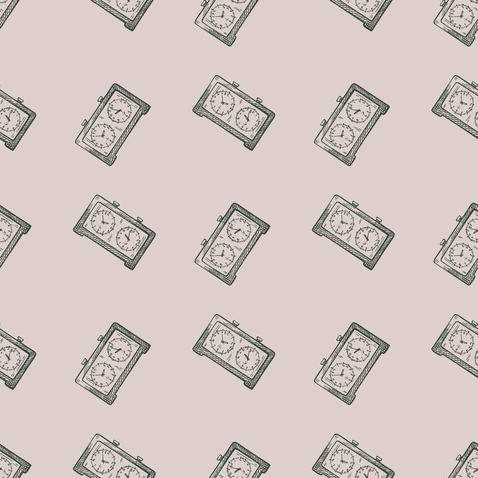 Chess clock engraved seamless pattern. Retro watch for chess game in hand drawn style. Sketch texture for fabric, wallpaper, textile, print, title, wrapping paper. Vector illustration.