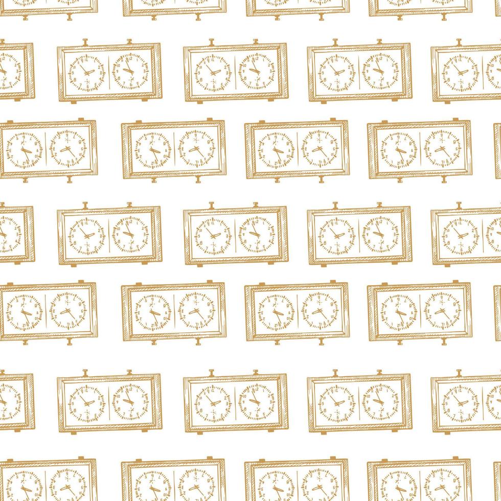 Chess clock engraved seamless pattern. Retro watch for chess game in hand drawn style. Sketch texture for fabric, wallpaper, textile, print, title, wrapping paper. Vector illustration.