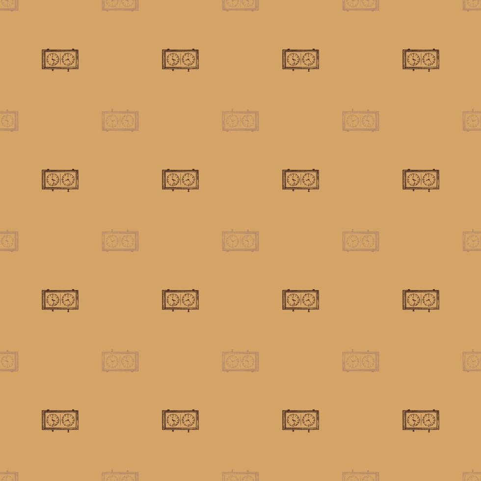 Chess clock engraved seamless pattern. Retro watch for chess game in hand drawn style. Sketch texture for fabric, wallpaper, textile, print, title, wrapping paper. Vector illustration.
