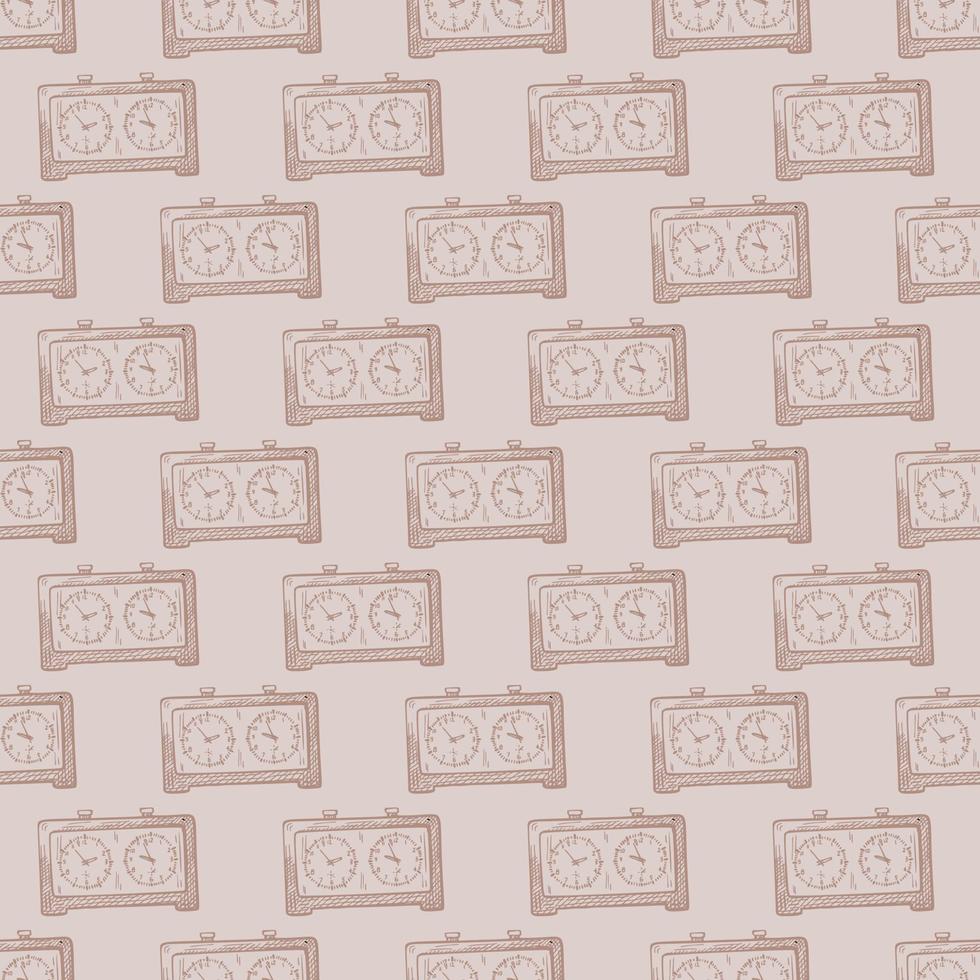 Chess clock engraved seamless pattern. Retro watch for chess game in hand drawn style. Sketch texture for fabric, wallpaper, textile, print, title, wrapping paper. Vector illustration.