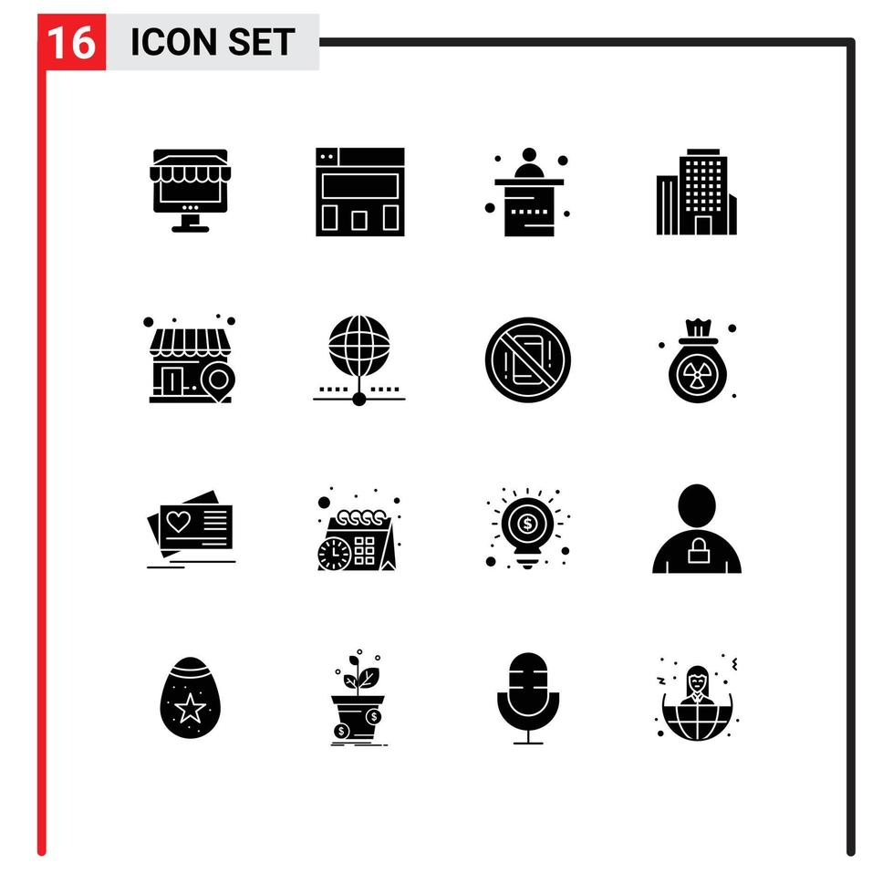 Set of 16 Vector Solid Glyphs on Grid for cloud local marketing business office Editable Vector Design Elements