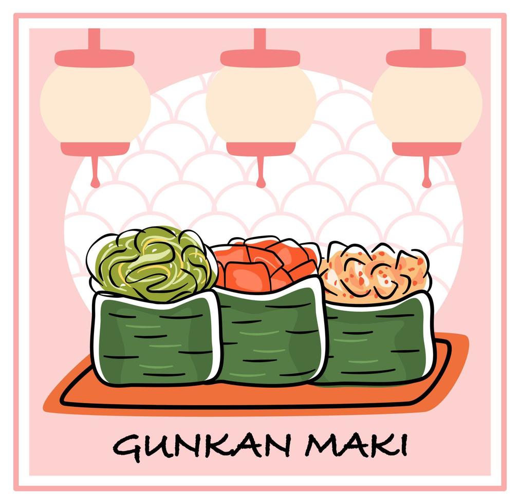 Gunkan sushi set, maki rolls with shrimp, salmon roe and eel. Japanese menu vector illustration.