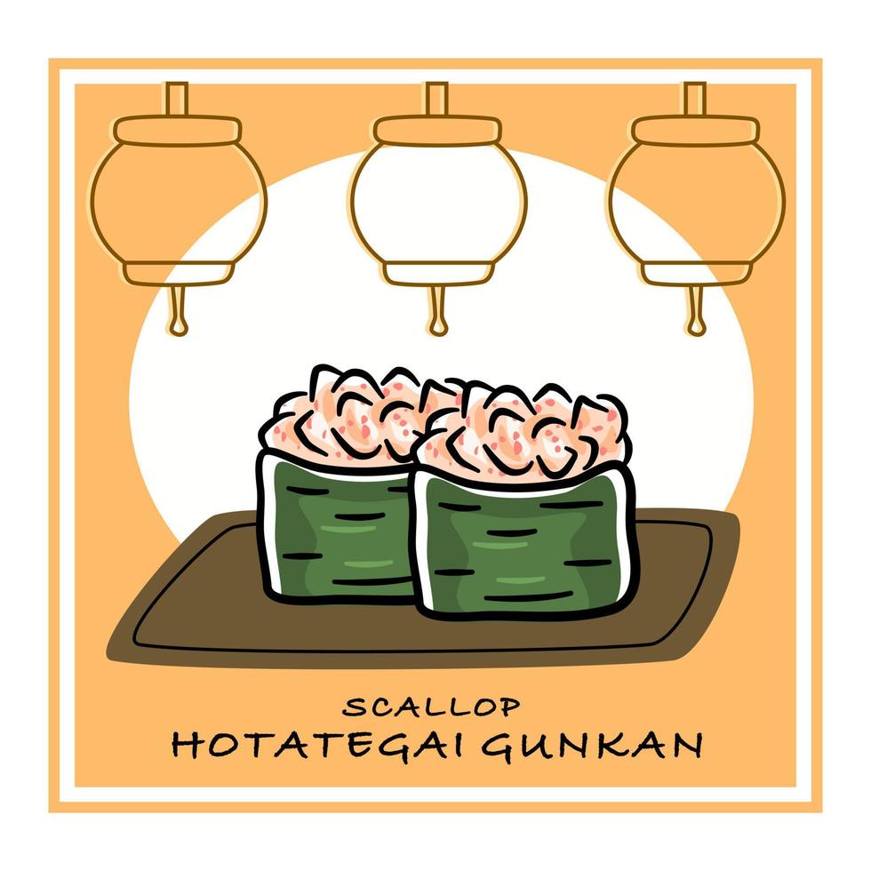 miniset de sushi gunkan con vieiras. Deicioso rollo de maki japonés con fondo oriental. vector