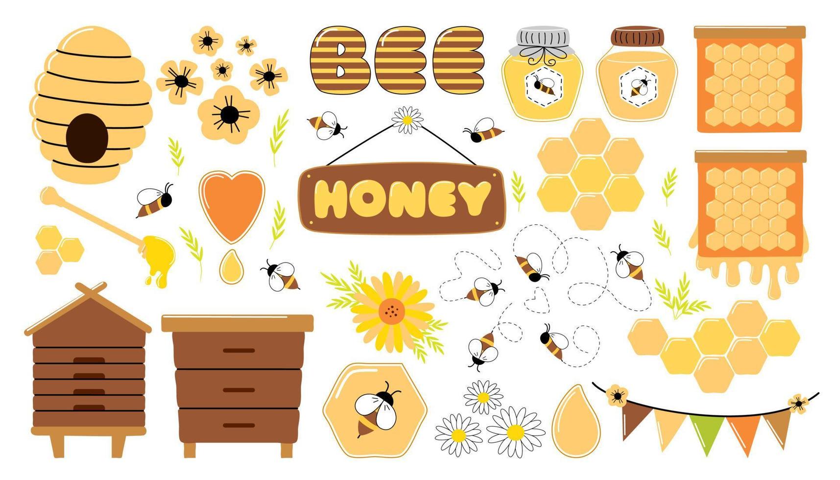 Vector set with honey, pieces of honeycomb, flying bee, hive, flowing liquid on a stick. Honey icons set. Honey set. Bees set, cute honey clipart.