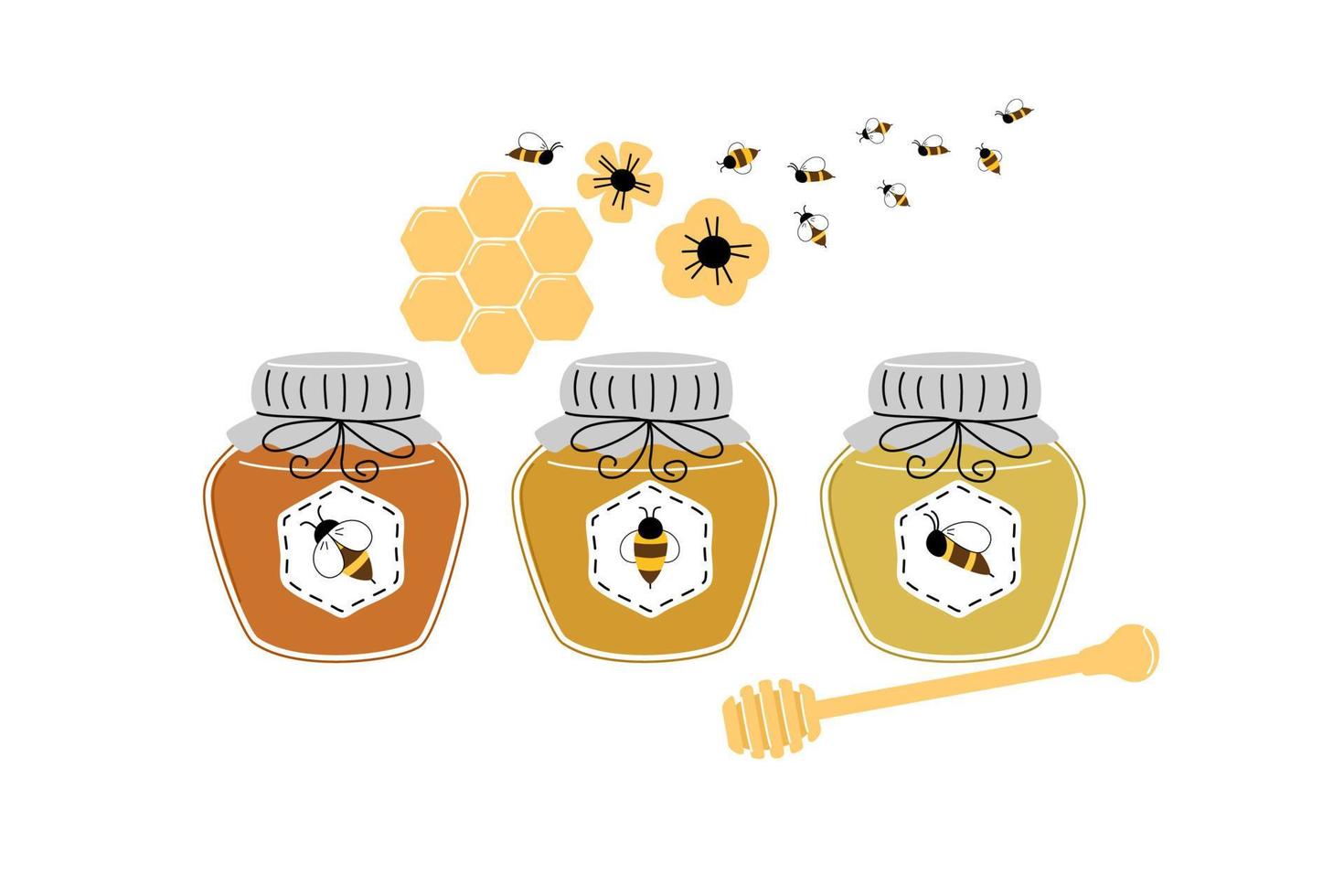 tarro de miel, cucharón de madera, abejas e íconos de panal sobre fondo blanco. ilustración vectorial vector