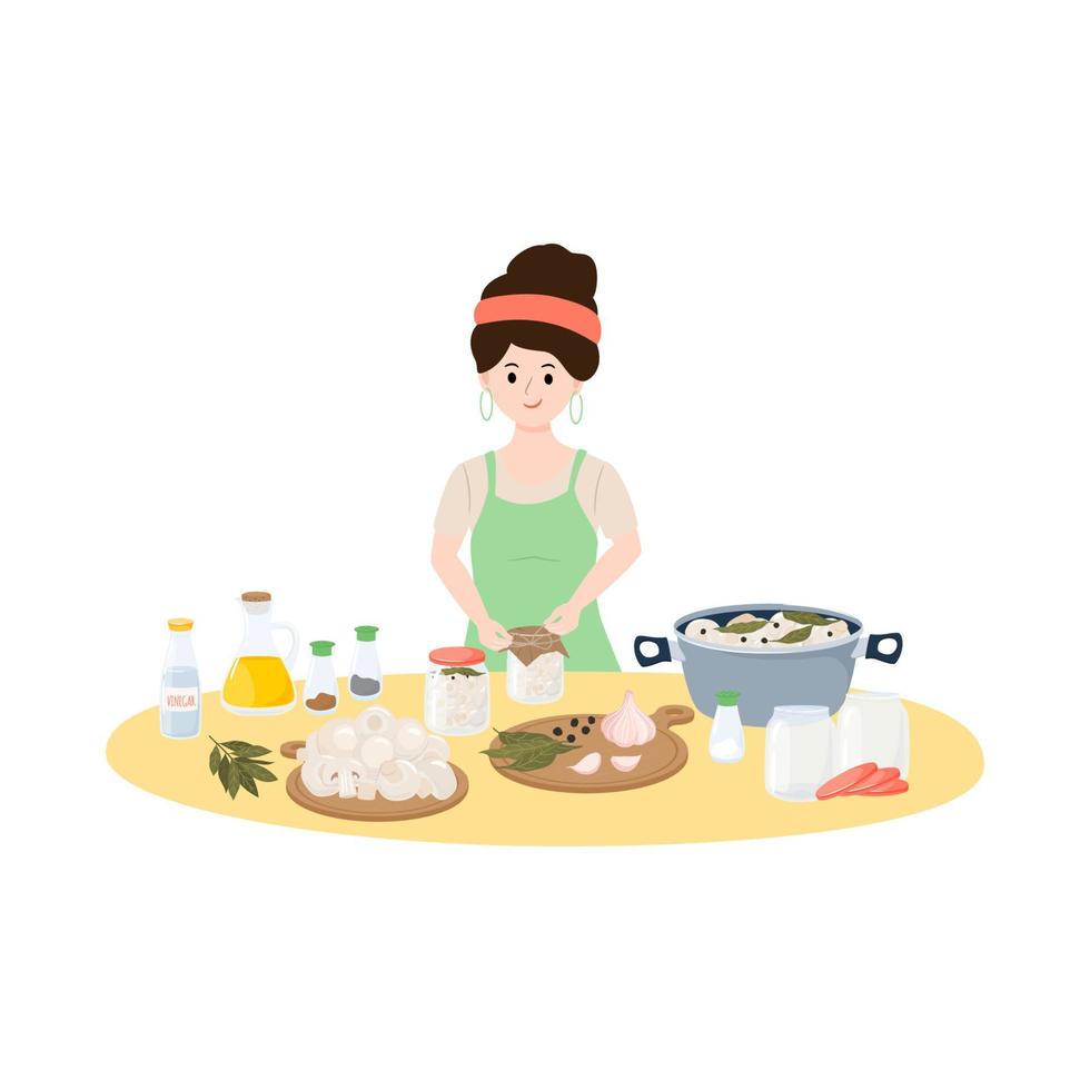 Female Character Prepare Champignon Mushrooms. Canned Natural Healthy Products Vector Illustration.