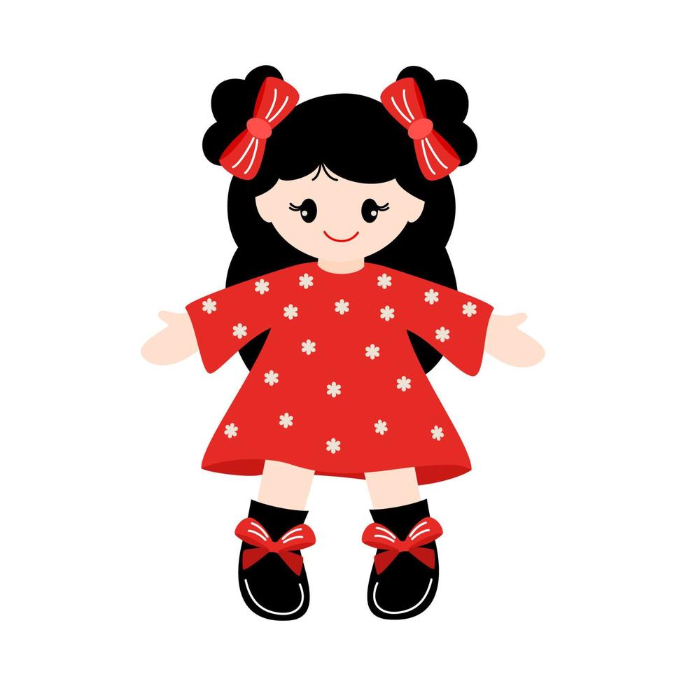 Kids toy doll. Cute doll in a red dress is standing. Vector illustration isolated on white background.