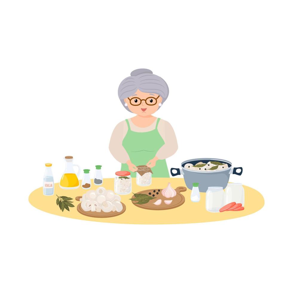 el personaje de la bloguera anciana prepara champiñones champiñones. Ilustración de vector de productos saludables naturales enlatados.
