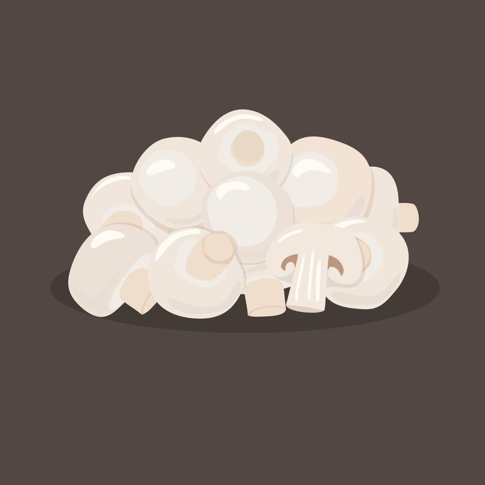 Champignon mushrooms vector illustration on a dark background. Freshly champignon. Ripe vegetable mushroom to eating, vegetarian gourmet.