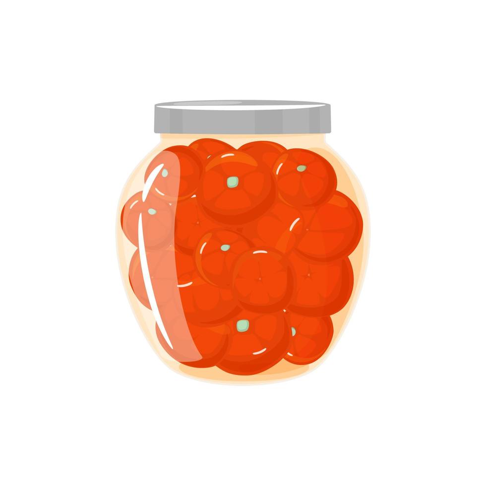 Pickled tomatoes with spices in a jar. Homemade preserves of fresh fruit. Preparing and Preserving Food. Canned natural healthy products vector illustration.