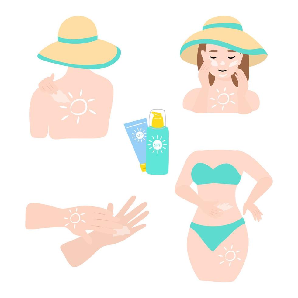 Woman puts on face, hands and body sunscreen. The concept of beauty and health. Vector illustration isolated on white background.