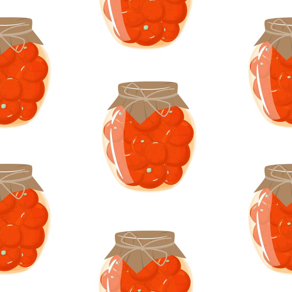 Homemade jar for preserving vegetables seamless pattern. Glass jars with canned tomatoes. Canned natural healthy products vector illustration.