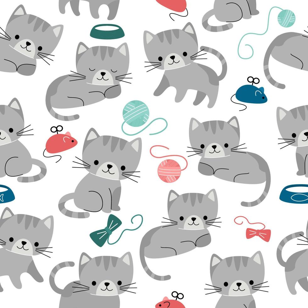 Cute vector seamless pattern with difference cats. Pattern for printing on fabric, clothing, wrapping paper, wallpaper for a kids room, baby things.