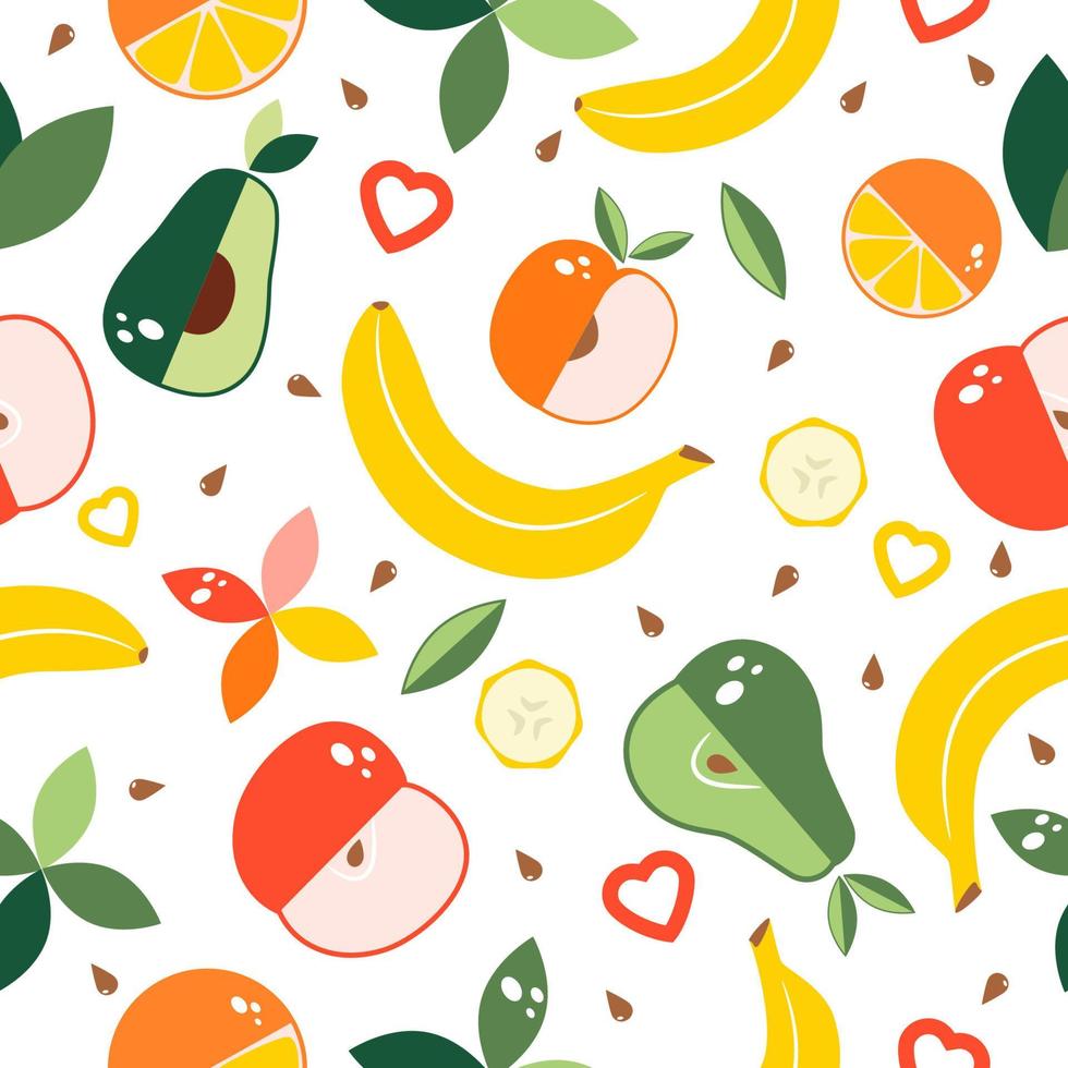Seamless pattern with fruits, fruit pieces and decorative elements. Vector illustration isolated on white background.