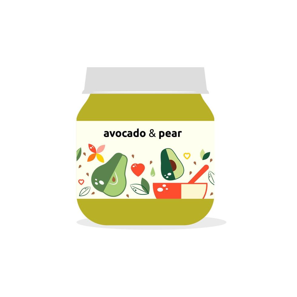 frascos de vidrio con comida para bebés. diseño de paquete aguacate y pera. comida orgánica para bebés puree.vector ilustración. vector