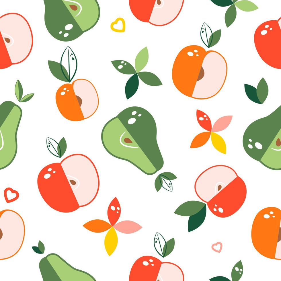 Seamless pattern with fruits in modern style. Vector illustration isolated on white background.