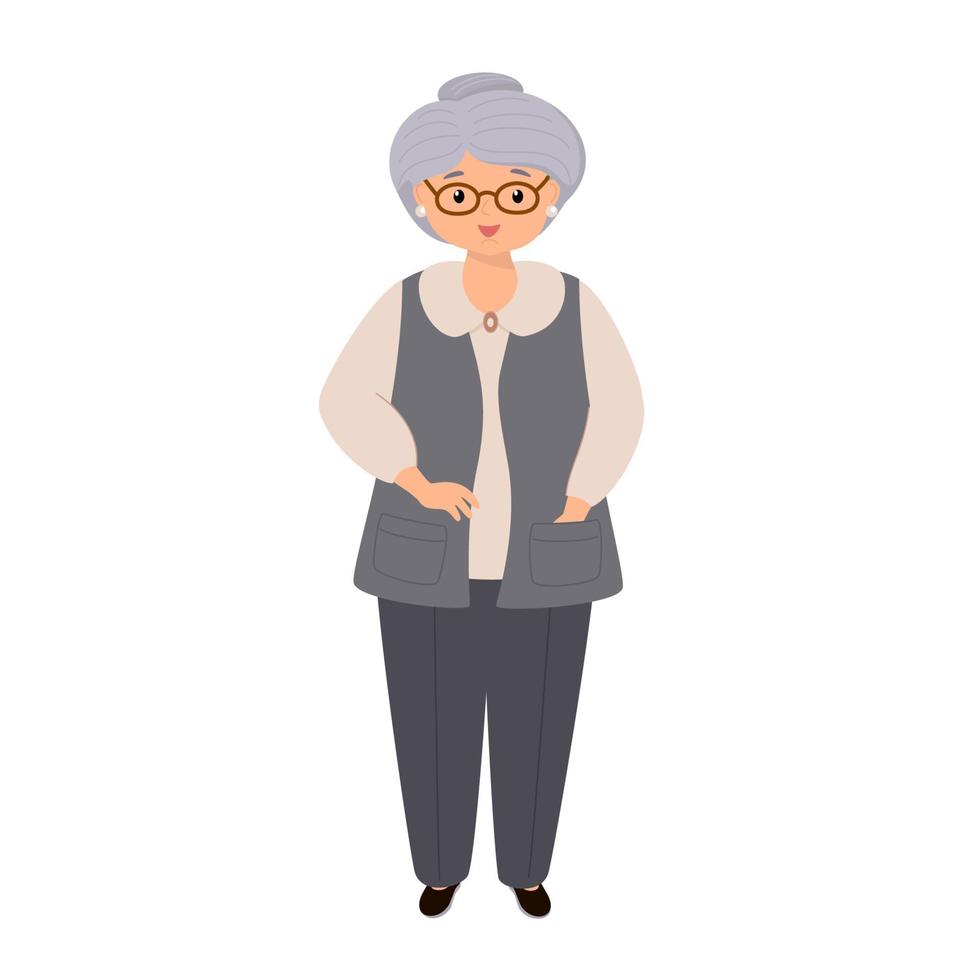 Vector character illustration of elderly woman talking on smartphone. Grandmother using mobile phone. Family, mobile internet, social media, modern communication technology concept.