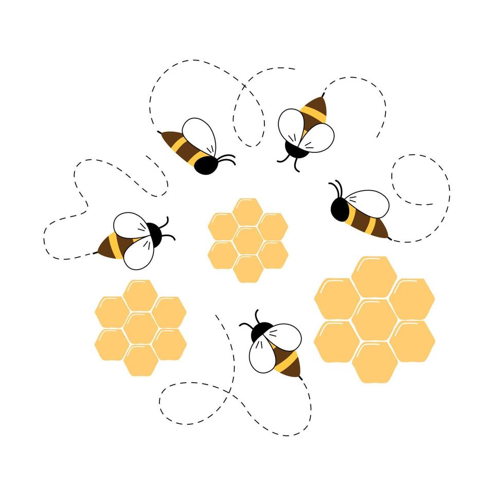 Bee flies along a dotted path isolated on a white background. Bee cartoon icons set. Vector illustration.