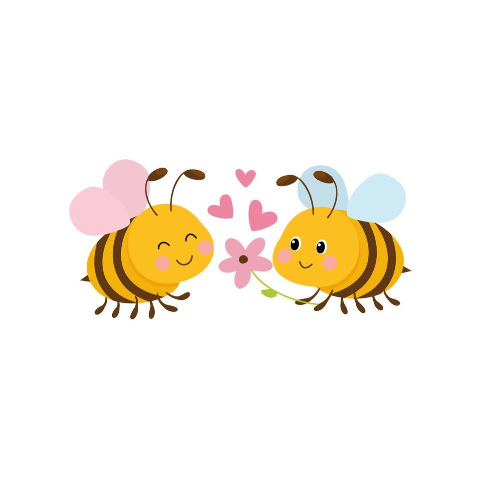 Vector illustration of cute cartoon bee, flower and heart sign symbol on white background.