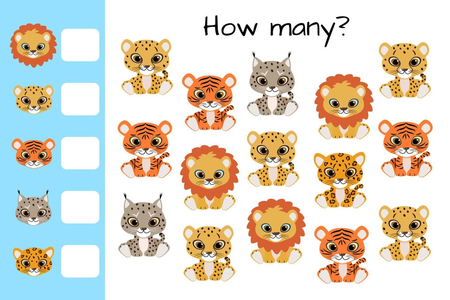 Counting game, count big cats and write result. Kids educational logic game. Educational printable math worksheet. Vector illustration isolated on white background.