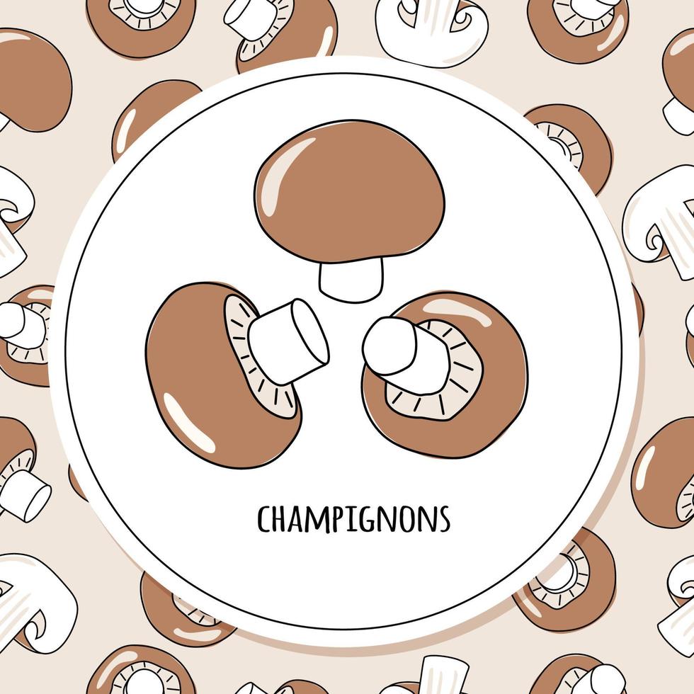 Seamless pattern with champignon mushroom. Vector illustration.