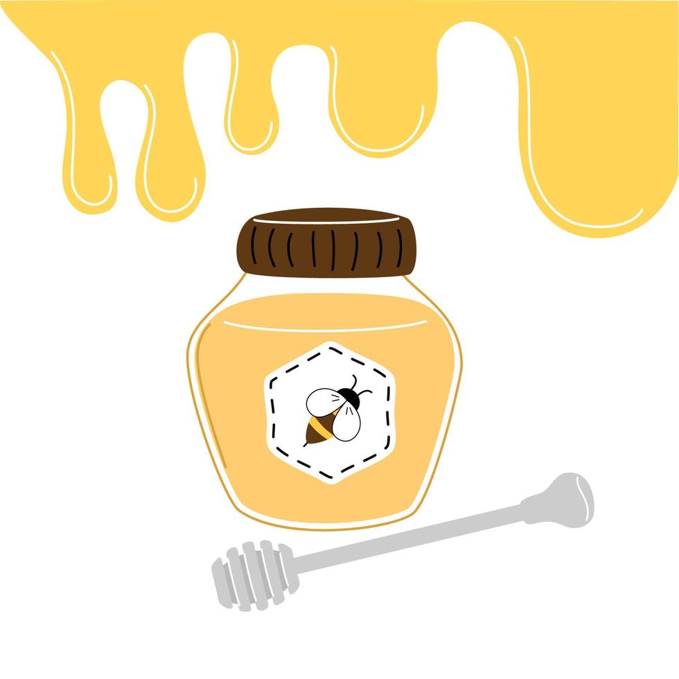 Honey jar and wooden dipper icon on white background. Vector illustration.