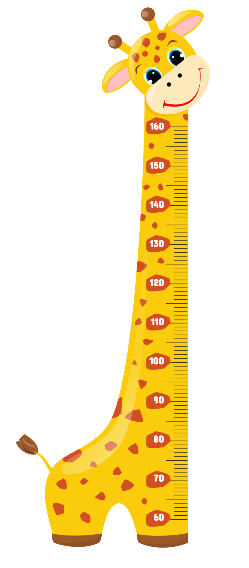 Cute giraffe. Cheerful funny giraffe with long neck. Giraffe meter wall
