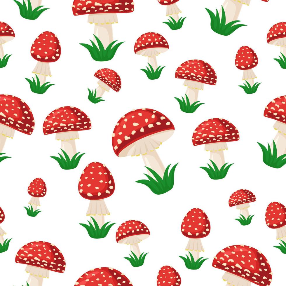 Amanita mushrooms seamless pattern. Red poisonous mushroom. Abstract background. Vector illustration. Autumn mushroom collection season.