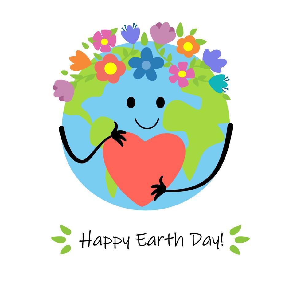 Happy Earth Day greeting card with cute cartoon Earth. Vector illustration.