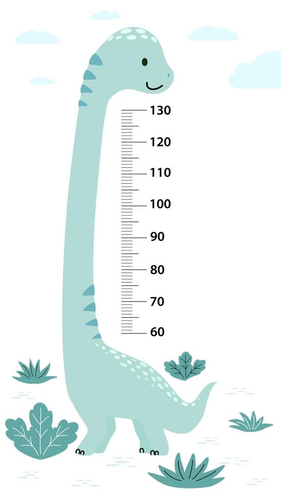 Meter wall or height chart with cute dinosaur. Children's poster. Decor for a children's playroom. Cute vector illustration in flat cartoon style.