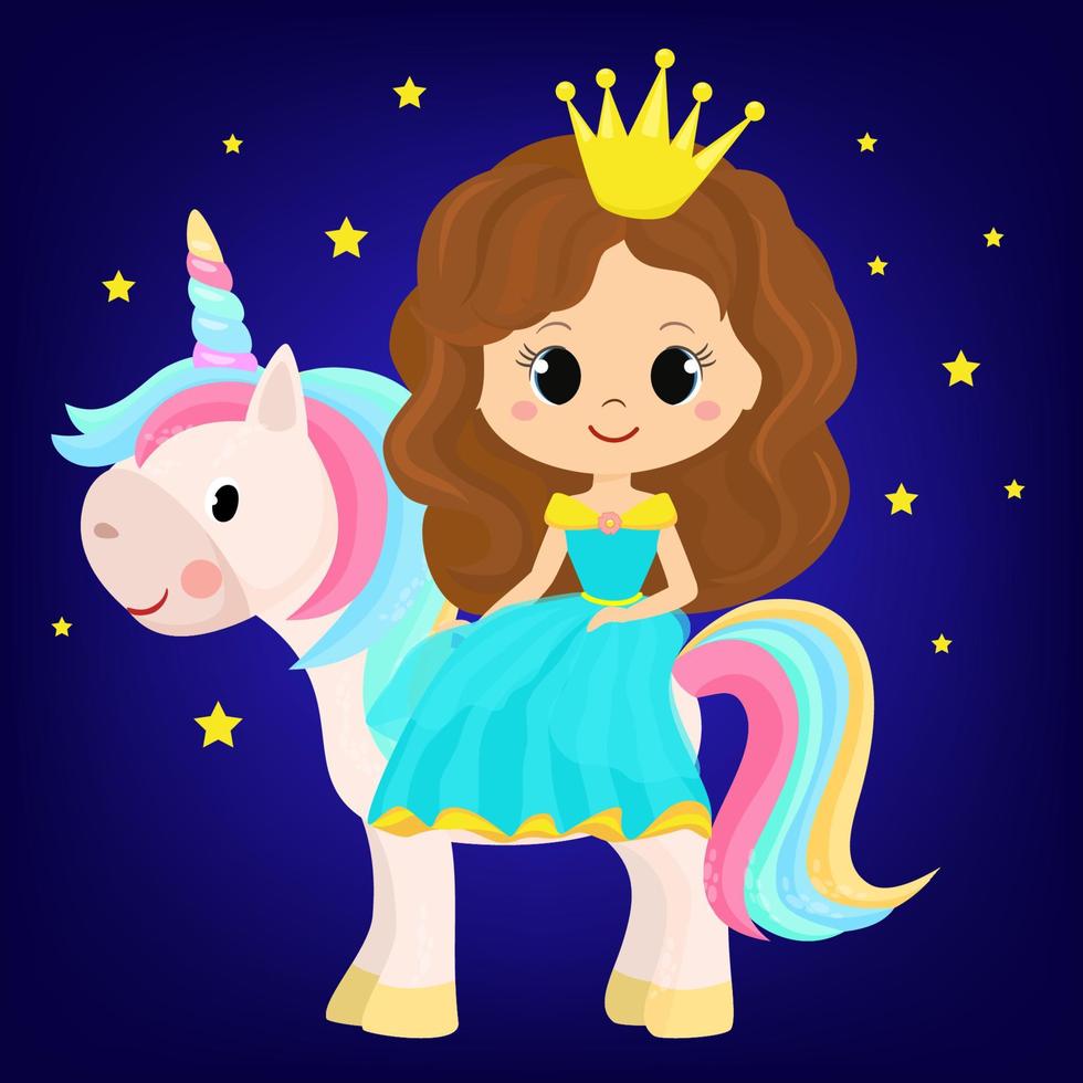 ilustración vectorial de una linda caricatura de princesa de cuento de hadas y cielo estrellado de unicornio vector