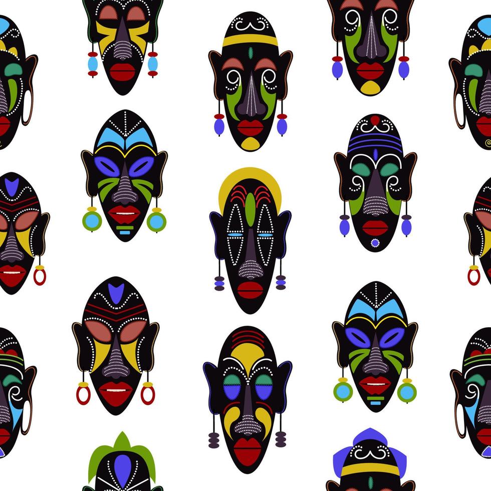 Seamless pattern of African masks on a white background. Ethnic tribal traditional totem faces, decorative elements vector texture