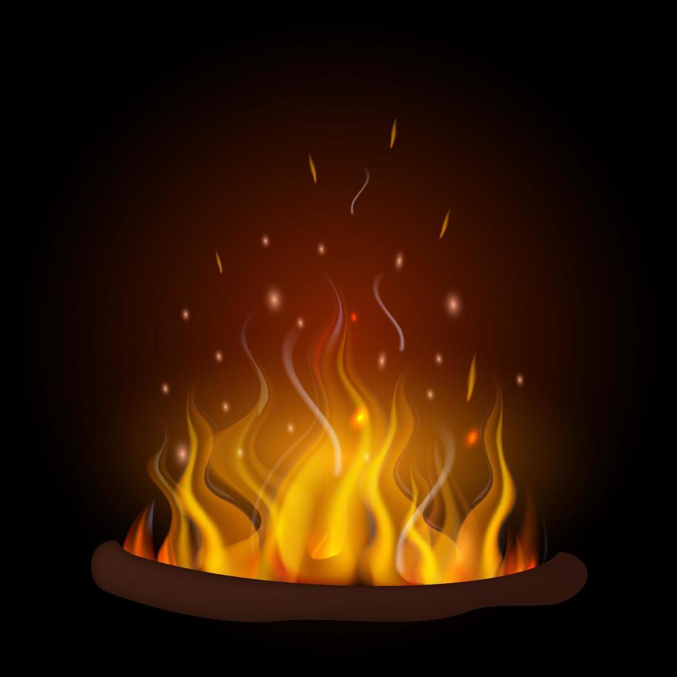 Realistic fiery flame. Fire bonfire, bright small and large fire elements. Vector illustration.