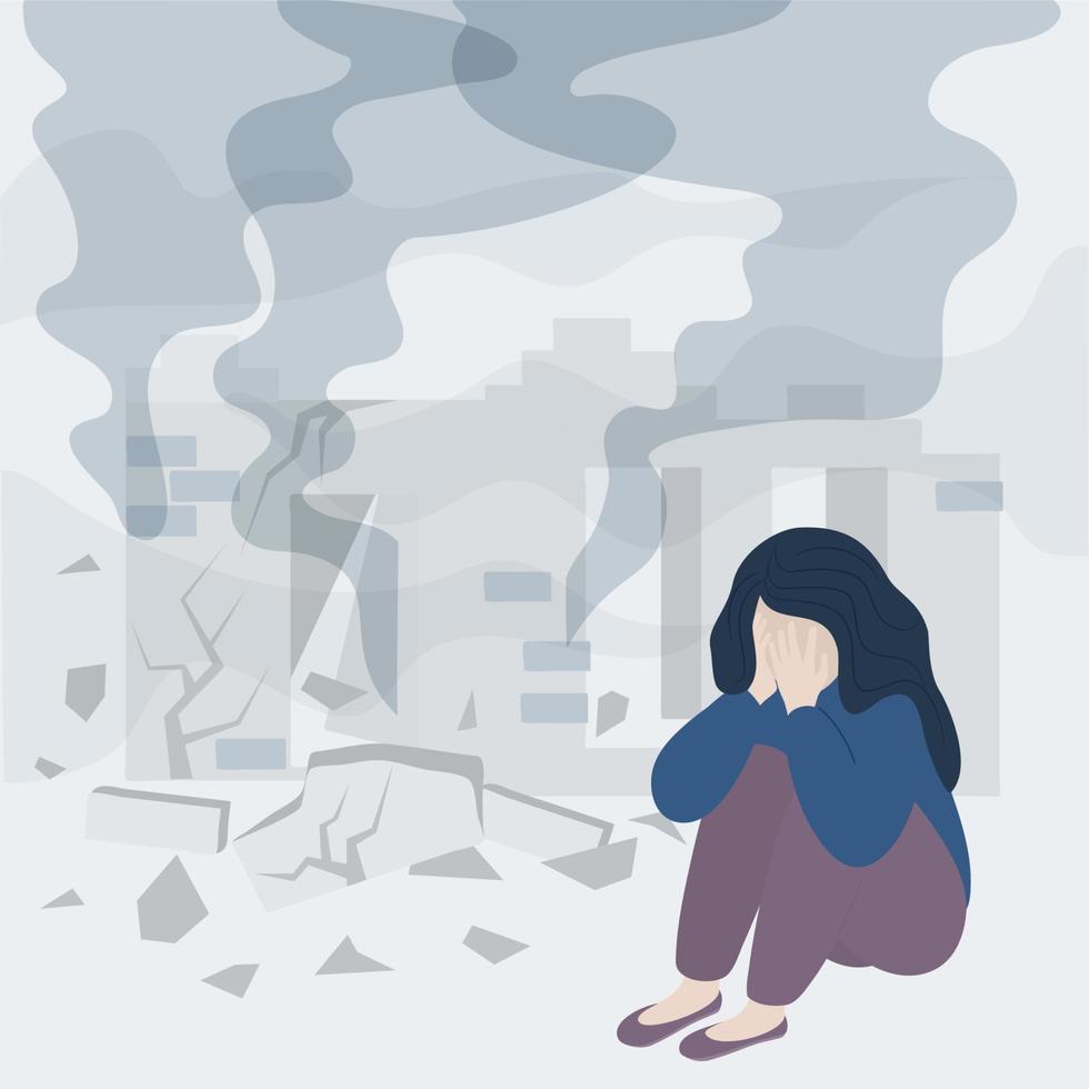 Lonely young girl sitting on floor and cover her face with arms against the backdrop of a bombed-out house. Need help emigration or refugee. Vector illustration.