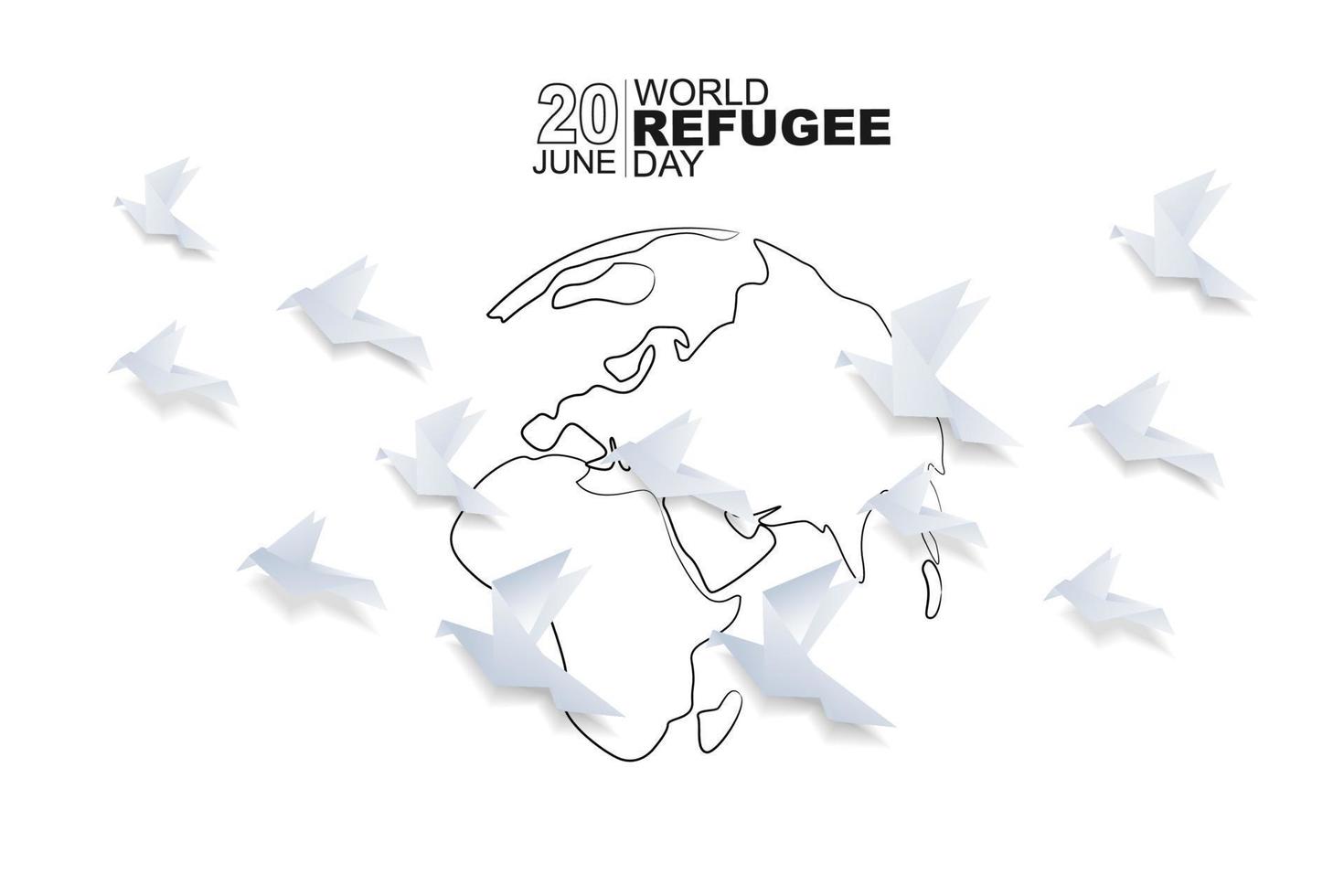World refugee day background with flying origami bird. Flat style vector illustration. Concept of migrant for web, banner, background, wallpaper, poster or card design.