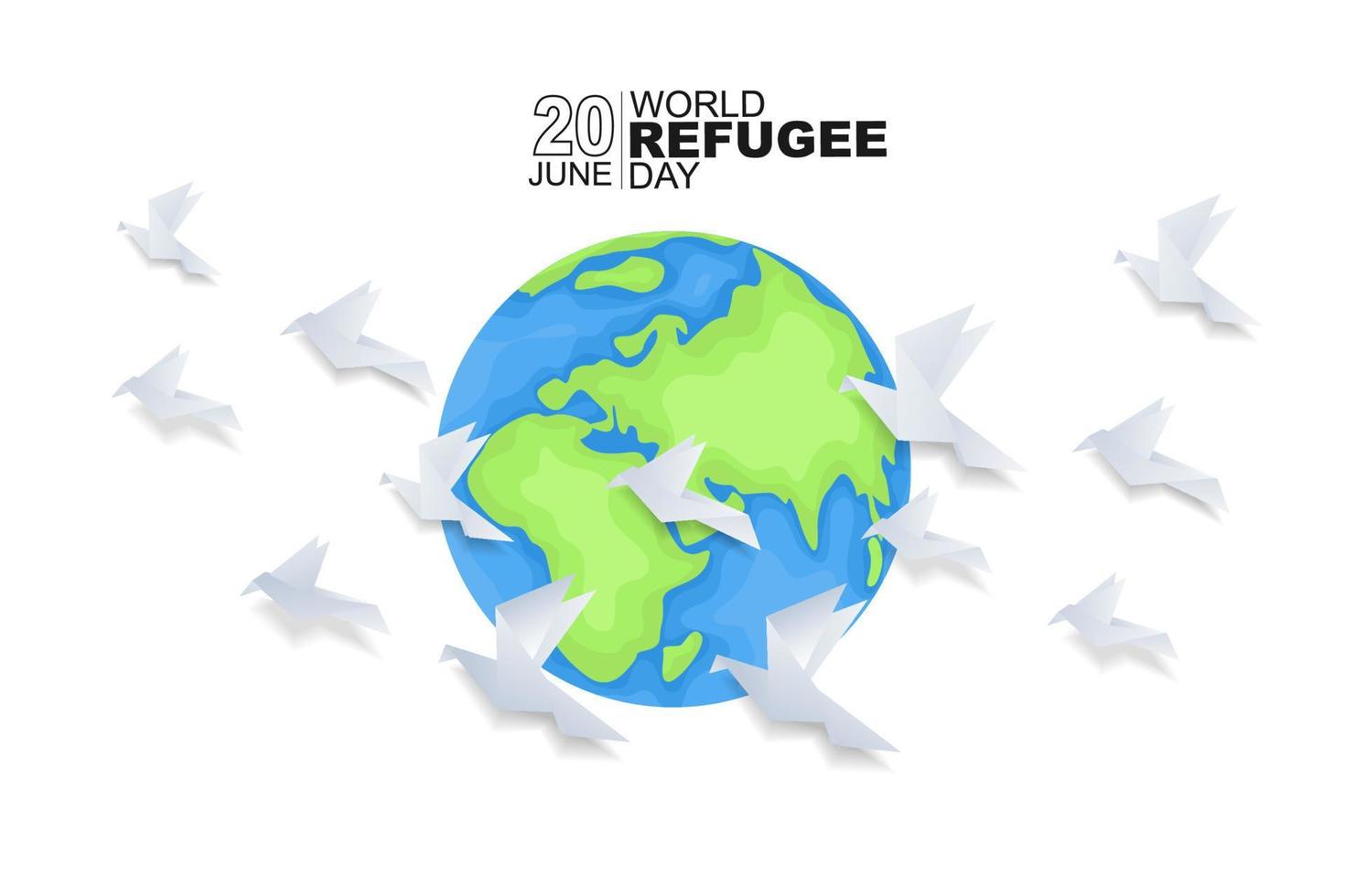 World refugee day background with flying origami bird. Flat style vector illustration. Concept of migrant for web, banner, background, wallpaper, poster or card design.