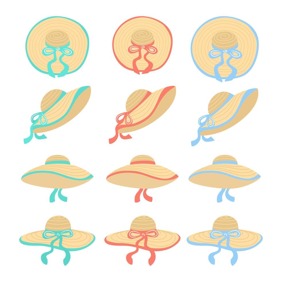 Women summer hat set. Summer collection icon. Flat vector illustration isolated on white background.
