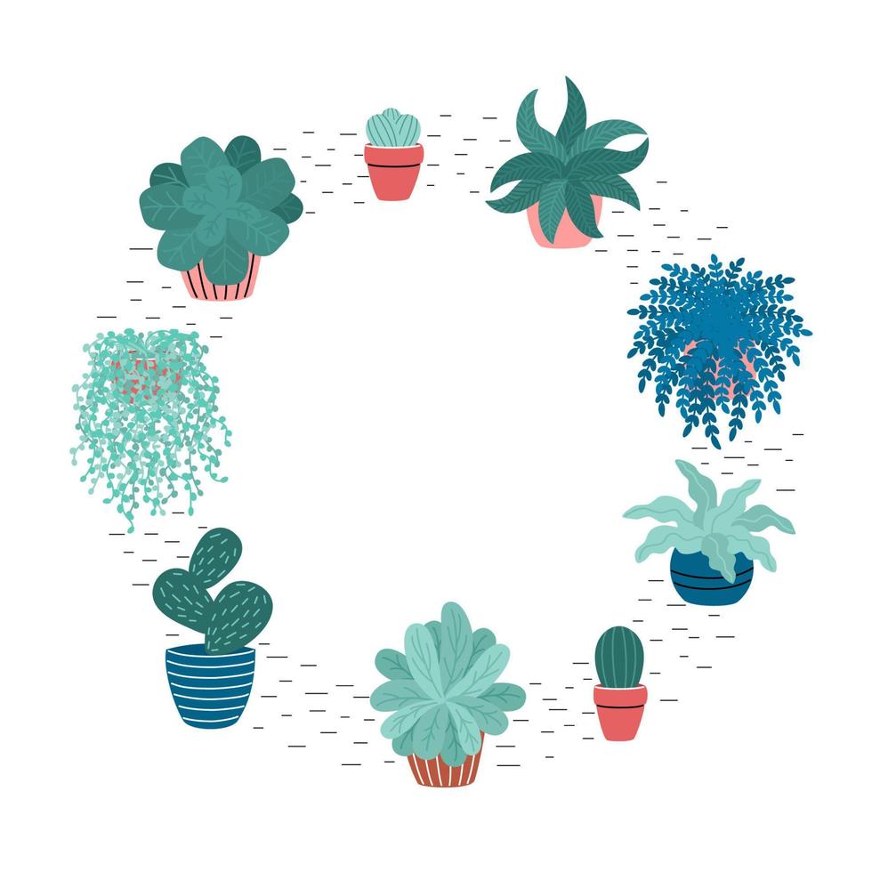 marco de plantas de interior decorativas aisladas sobre fondo blanco. conjunto de plantas de moda que crecen en macetas. un conjunto de hermosas decoraciones naturales para el hogar. ilustración vectorial de colores planos. vector