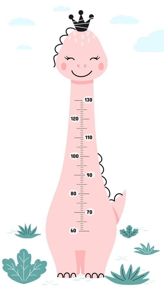 Meter wall or height chart with dinosaur princess. Children's poster. Decor for a children's playroom. Cute vector illustration in flat cartoon style.