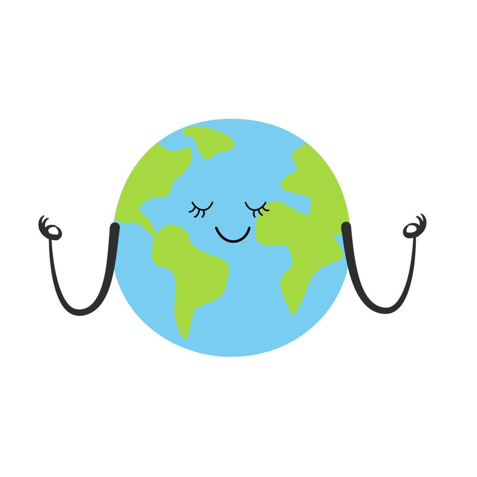 lindo planeta tierra sonriente aislado sobre fondo blanco. día de la tierra, diseño de concepto del día mundial del medio ambiente. ilustración de personaje de dibujos animados de vector. vector