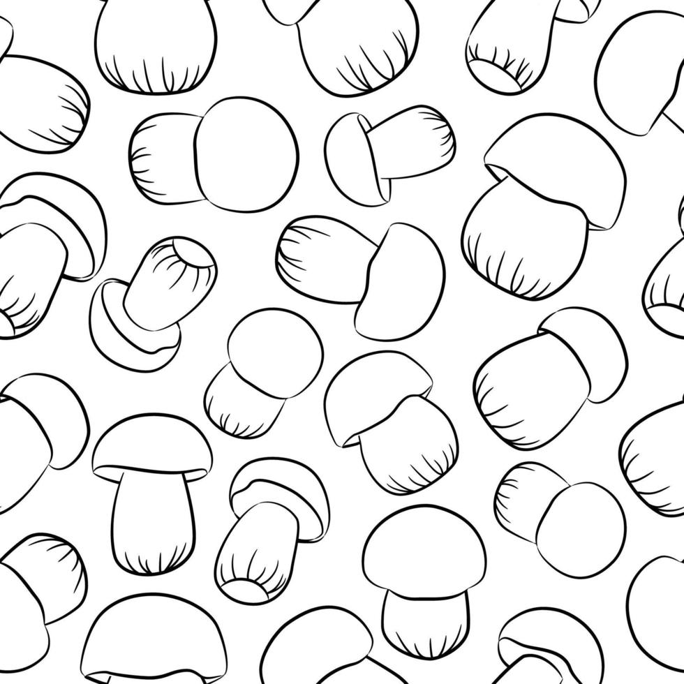 Boletus mushrooms seamless pattern in linear style. Vector illustration. Autumn mushroom collection season.