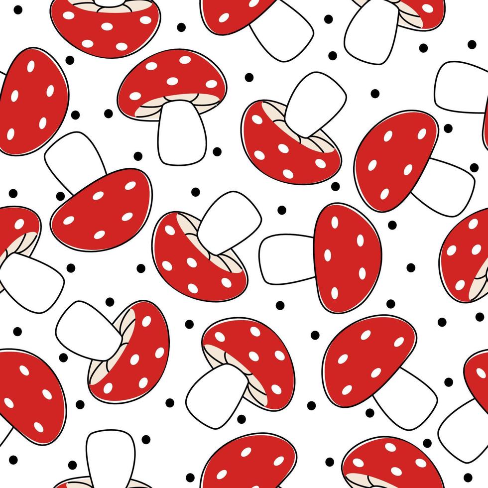 Amanita mushrooms mushrooms seamless pattern. Red poisonous mushroom. Abstract background. Vector illustration. Autumn mushroom collection season.