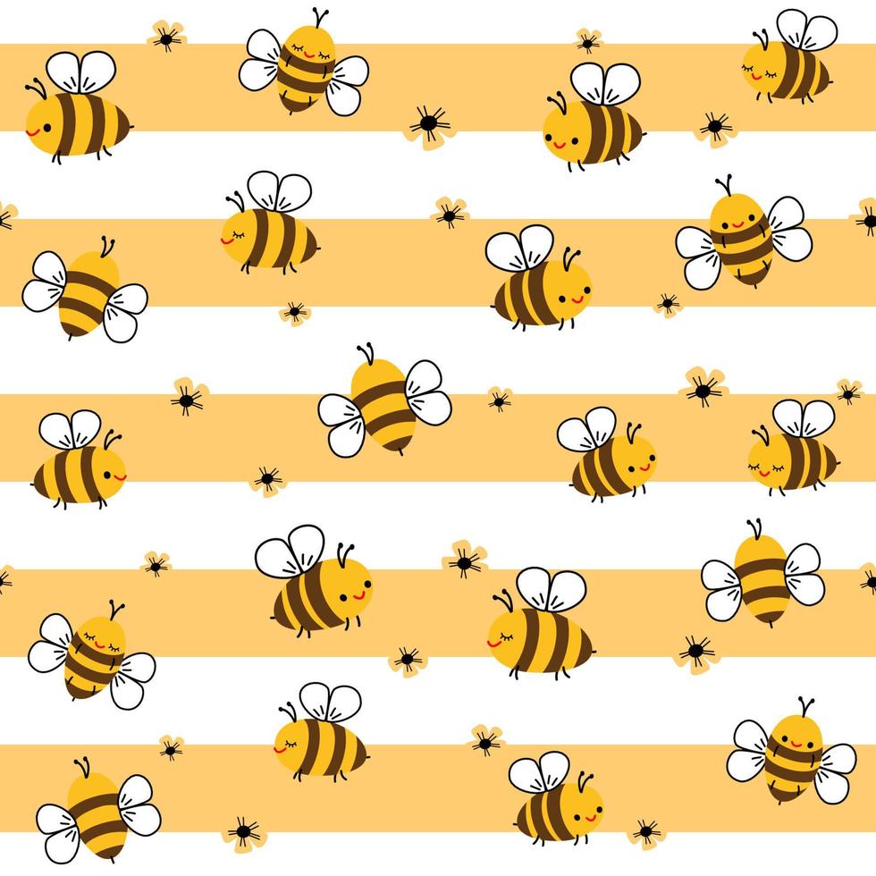Seamless pattern with flower and bee on yellow white stripe background vector illustration.