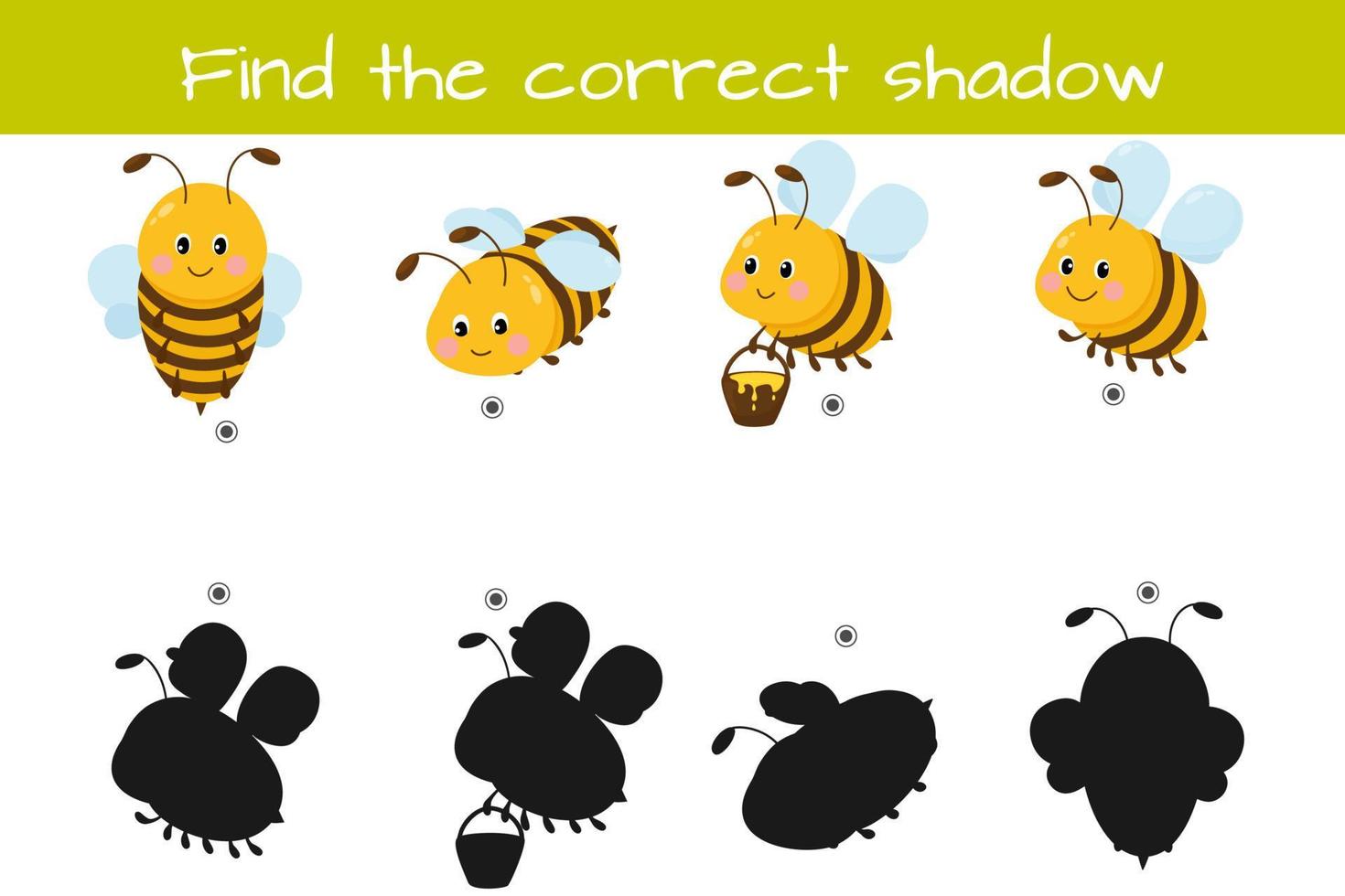 Find correct shadow. Kids educational logic game. Cute funny bees. Vector illustration isolated on white background.