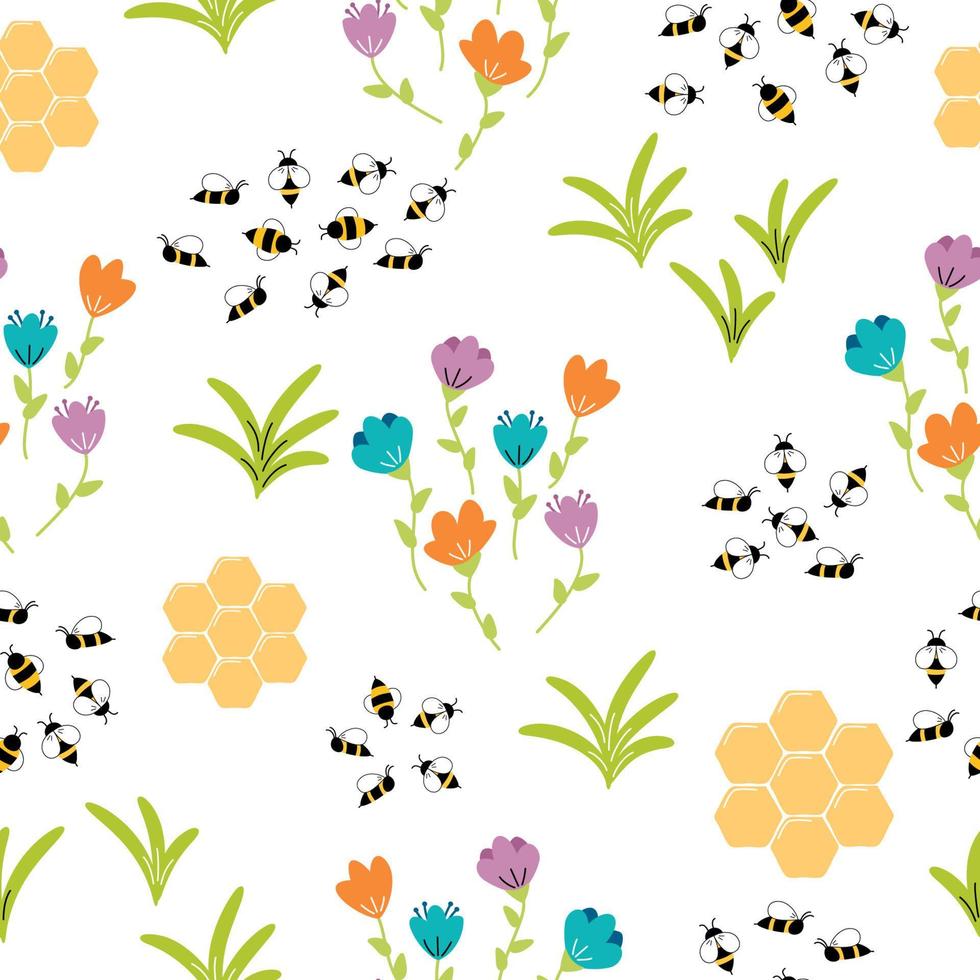 Vector seamless pattern with flying cartoon bees and flowers on white background. Illustration for children used for magazine, book, poster, card, web pages.